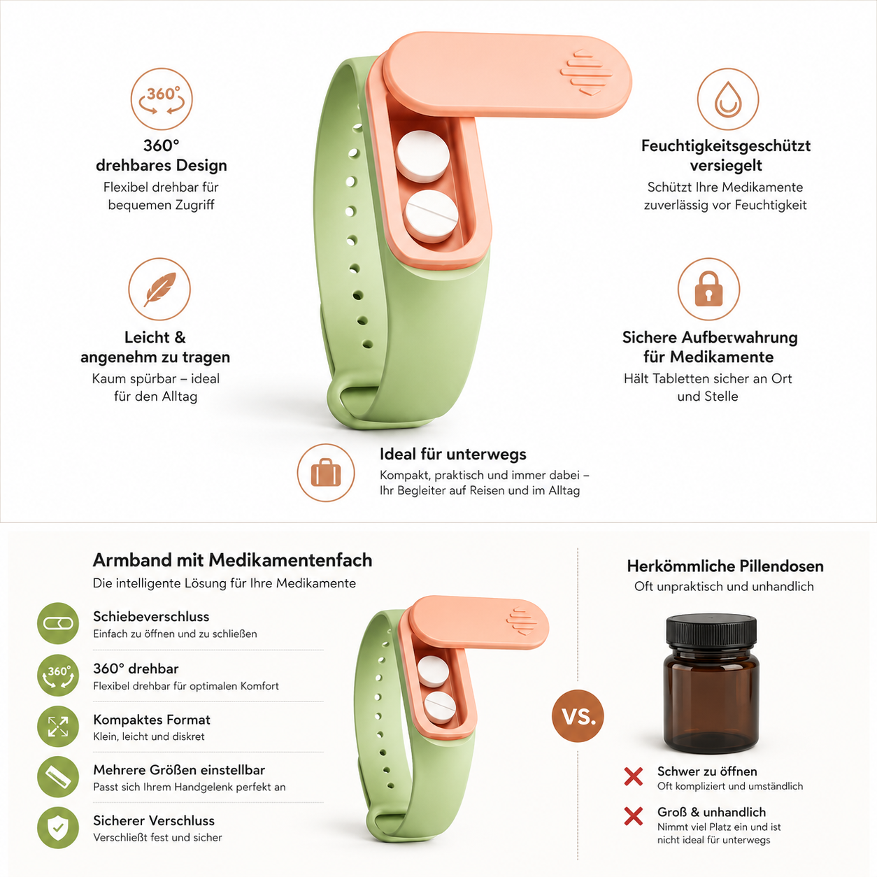 360 Grad drehbare Medikamentenbox im Armband-Design zur diskreten Aufbewahrung von Tabletten und kleinen Gegenständen am Handgelenk