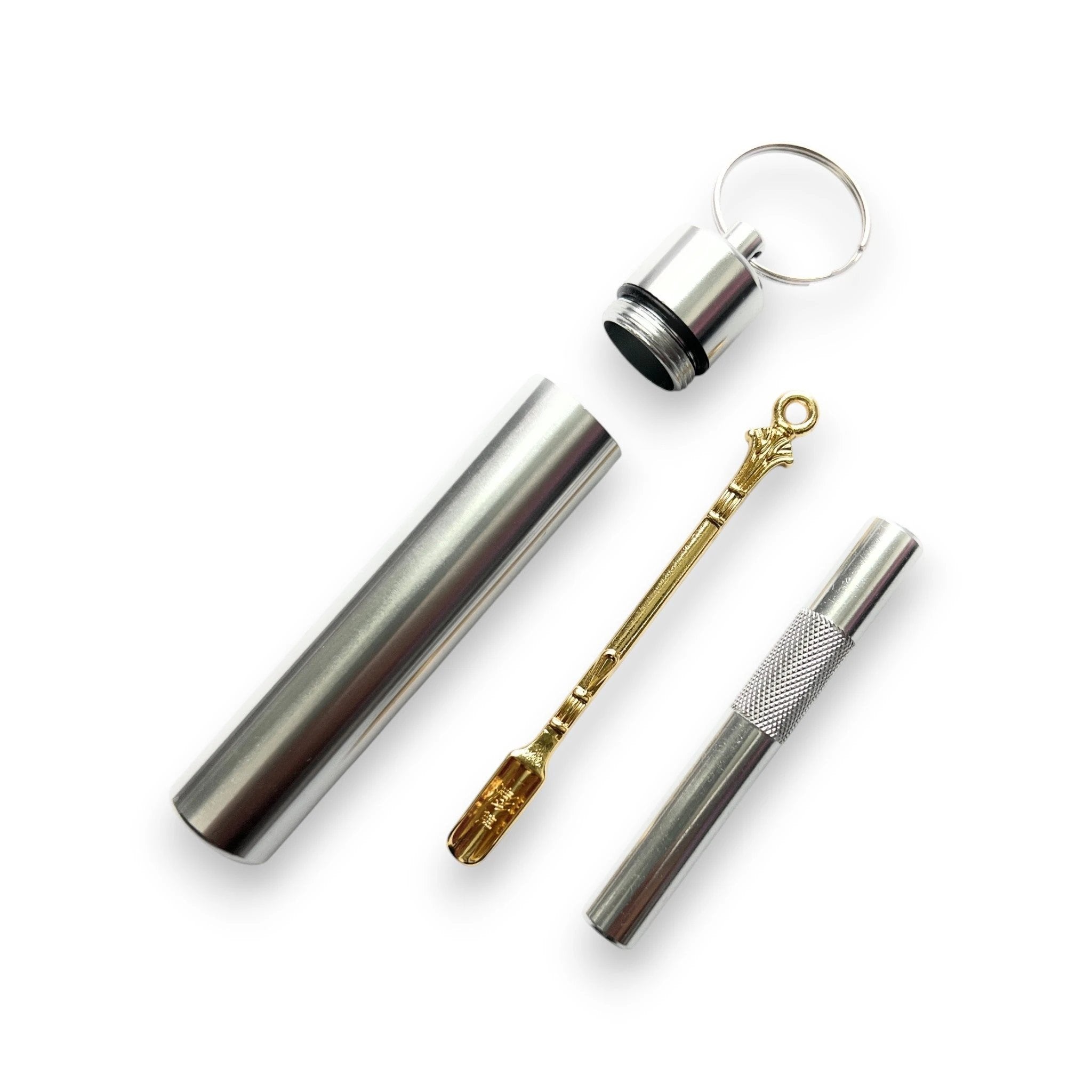 XL Aluminium-Pillenbox mit Schlüsselanhänger, Silbernes Röhrchen & Goldlöffel V3 -  from DieBallerei