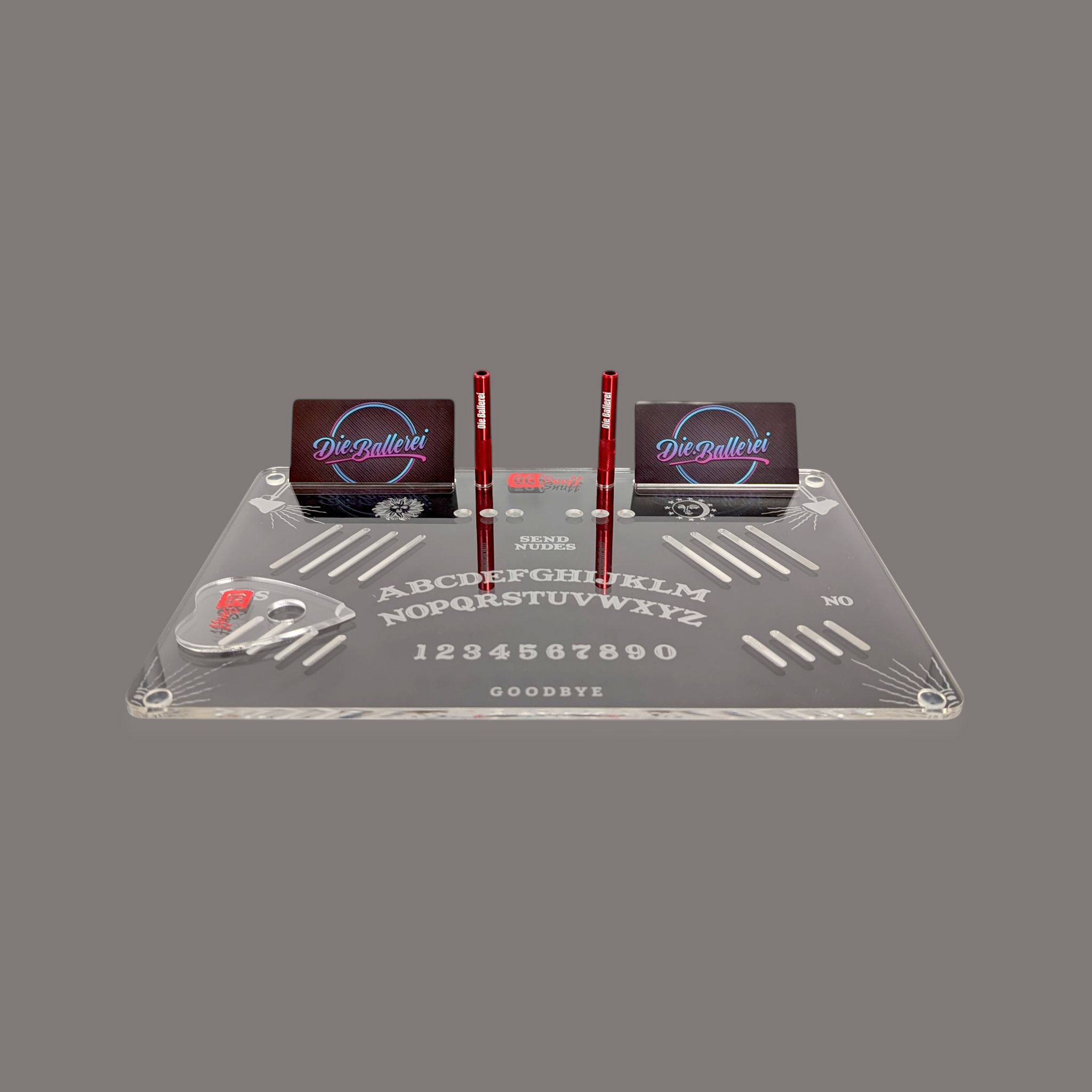 OG SNUFF Snuff Board „Ouija Edition“ – Graviertes Geisterbrett inkl. Planchette-Löffel + 2 Röhrchen + 2 Hack-Karten