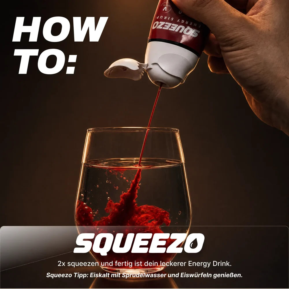 Eine Hand drückt roten SQUEEZO-Sirup aus einer Flasche in ein Wasserglas; darüber steht „How to“.