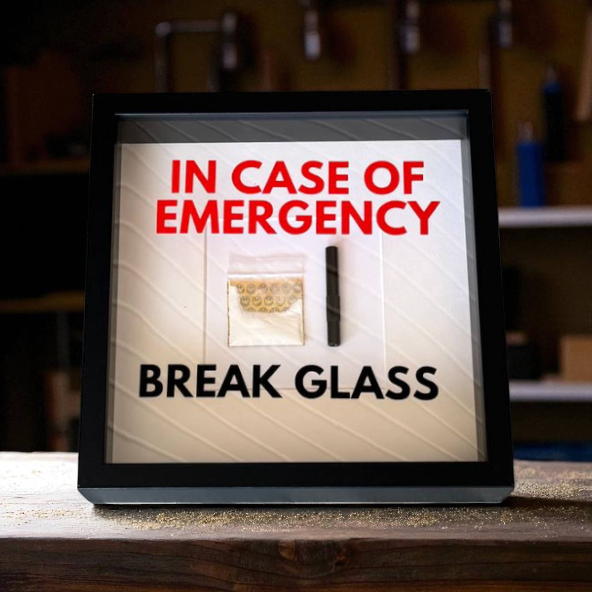 "In Case of Emergency Break Glass" – Wandbild mit Kokain Tütchen und Ziehröhrchen schwarzer Rahmen