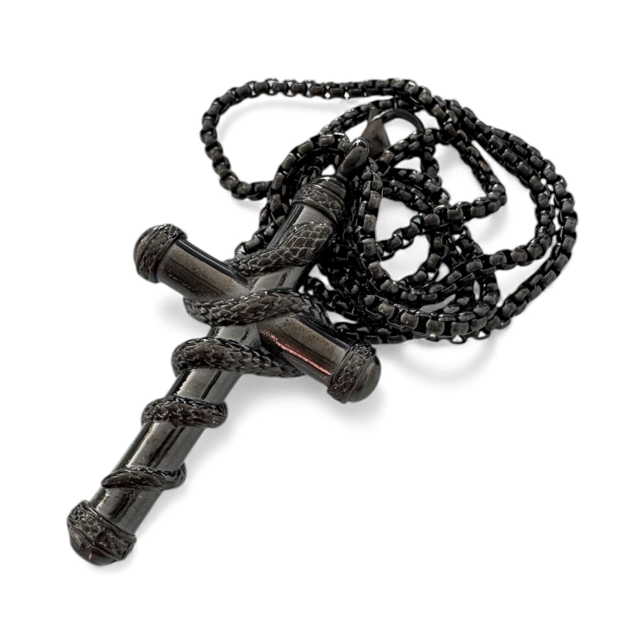 Massive Kreuz-Halskette mit Löffel – Snake Wrapped Design in Gold, Silber und Schwarz
