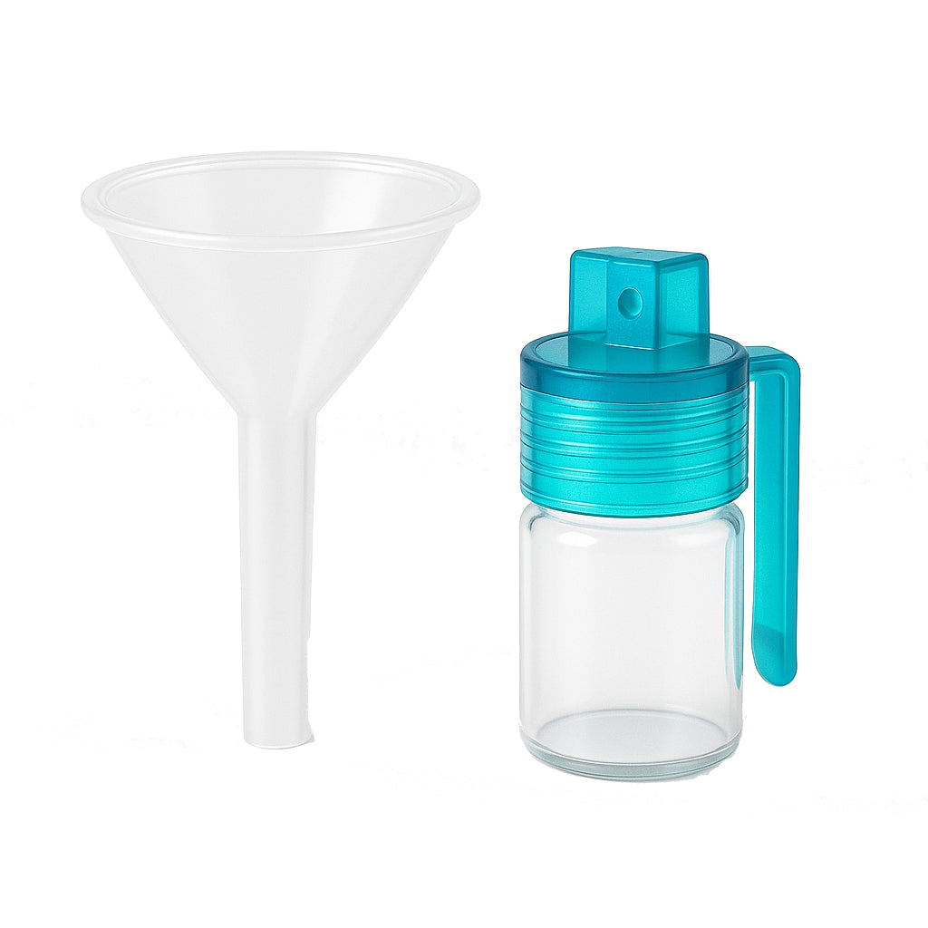 Praktischer Spender inkl. klappbarem Löffel & Trichter – Transparent/Türkis