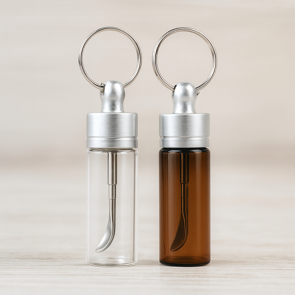 Praktischer Spender mit Teleskoplöffel & Schlüsselanhänger - Braun oder Klar mit silbernem Deckel