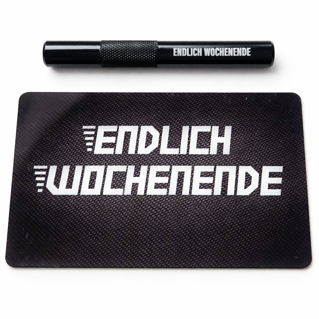 Röhrchen-Set „Endlich Wochenende“ – Alu-Röhrchen mit Gravur & Hack-Karte