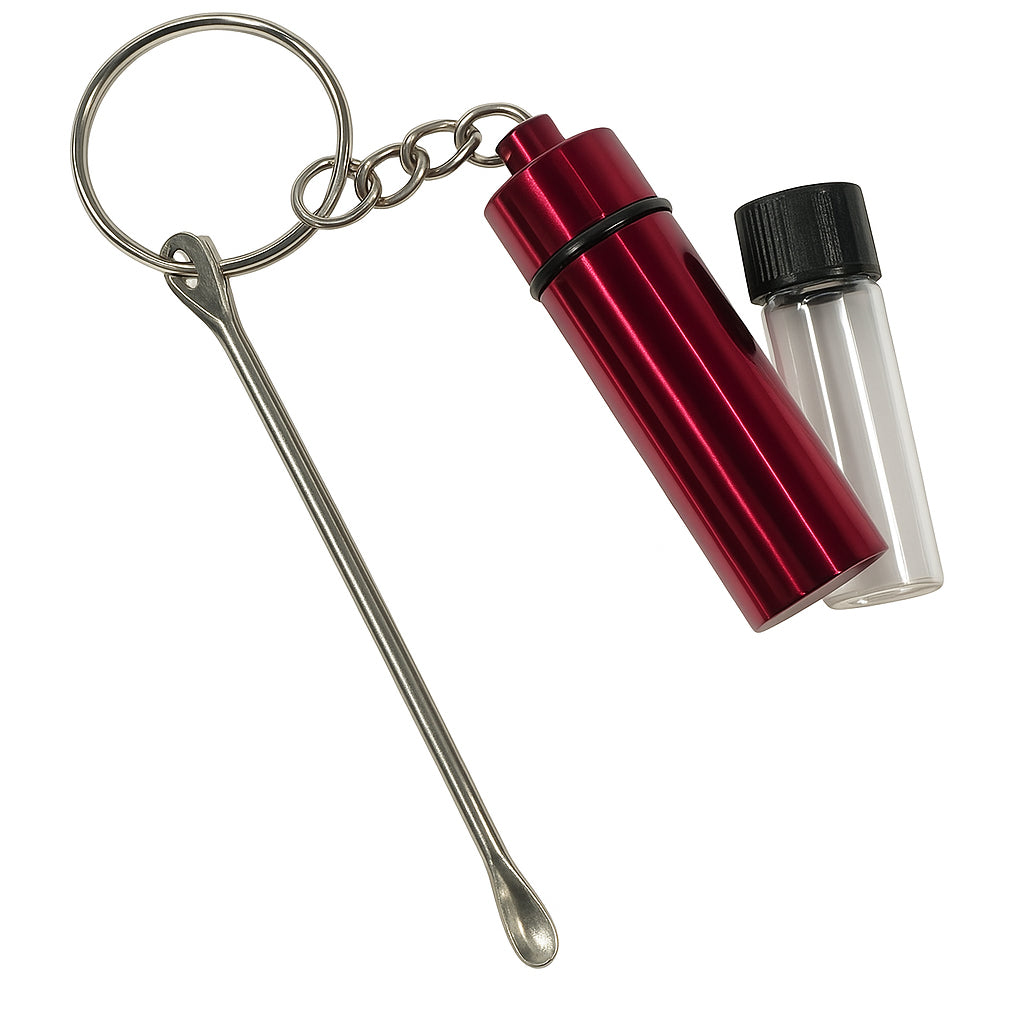 Baller-Fläschchen & Aluminium-Pillenbox mit Löffel – Rot - Praktisch & stilvoll