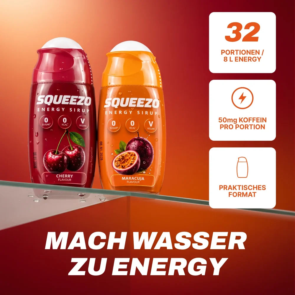 SQUEEZO Cherry und Maracuja in einer Produktgrafik mit Angaben zu Portionen und Koffein sowie „Mach Wasser zu Energy“.
