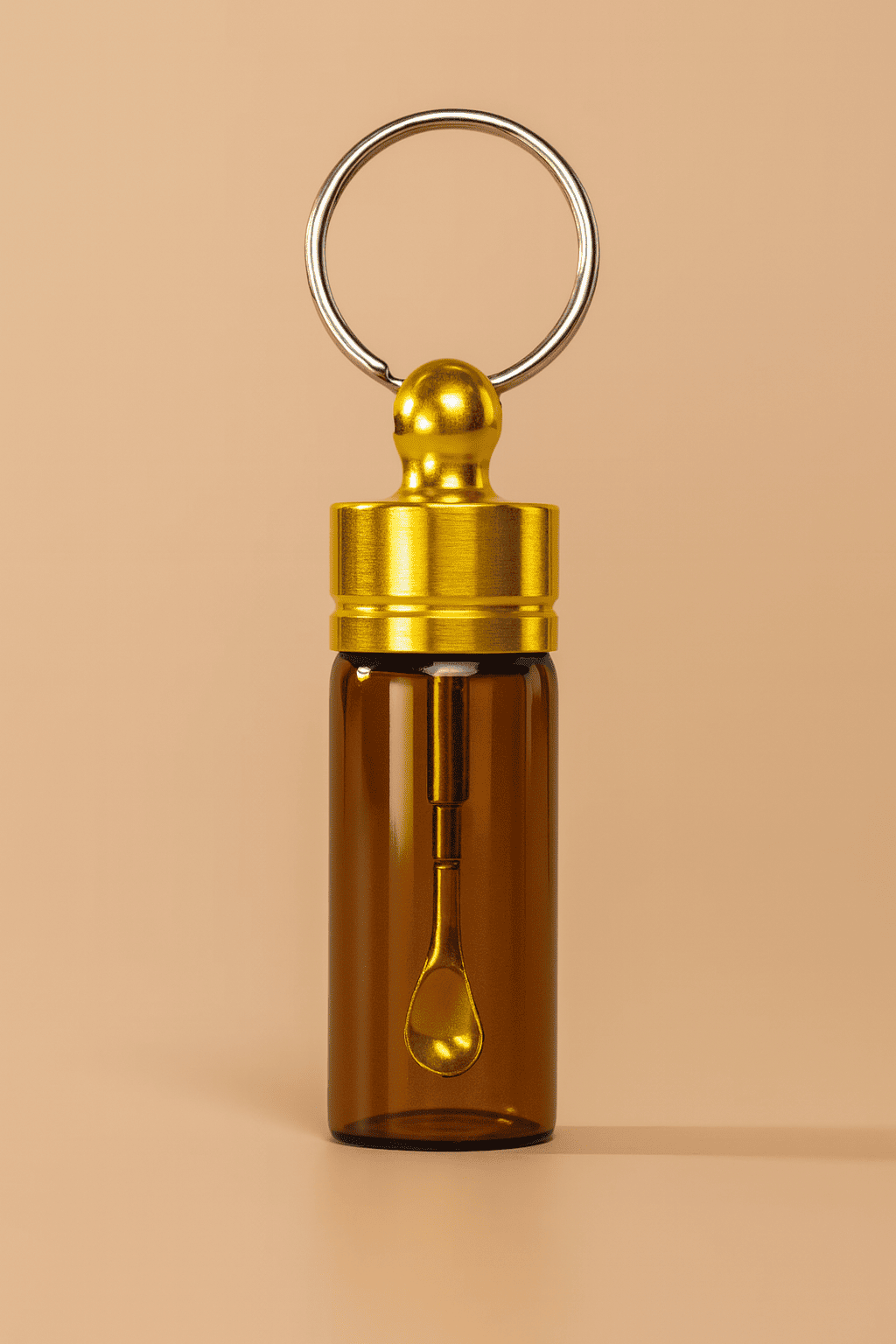 Stabiler Spender mit Teleskoplöffel – Schlüsselanhänger Braun mit Gold oder Rosé-Gold Deckel