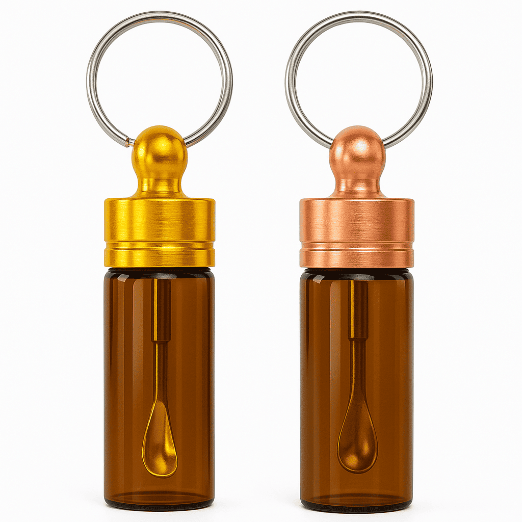 Stabiler Spender mit Teleskoplöffel – Schlüsselanhänger Braun mit Gold oder Rosé-Gold Deckel