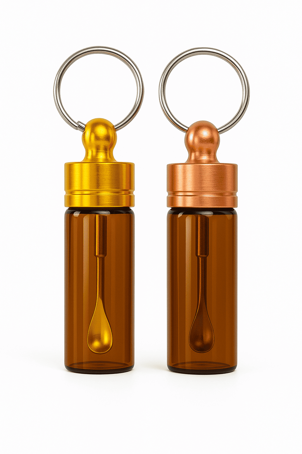 Stabiler Spender mit Teleskoplöffel – Schlüsselanhänger Braun mit Gold oder Rosé-Gold Deckel