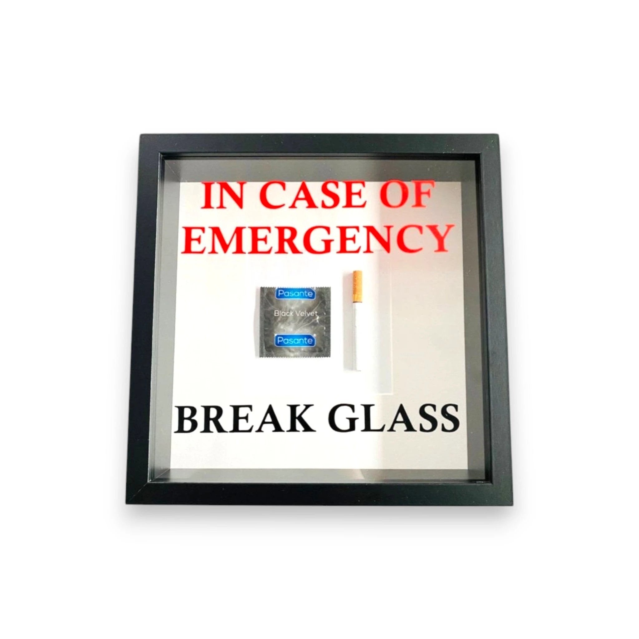 "In Case of Emergency Break Glass" – Wandbild mit Kondom/Zigarette schwarzer Rahmen -  from DieBallerei