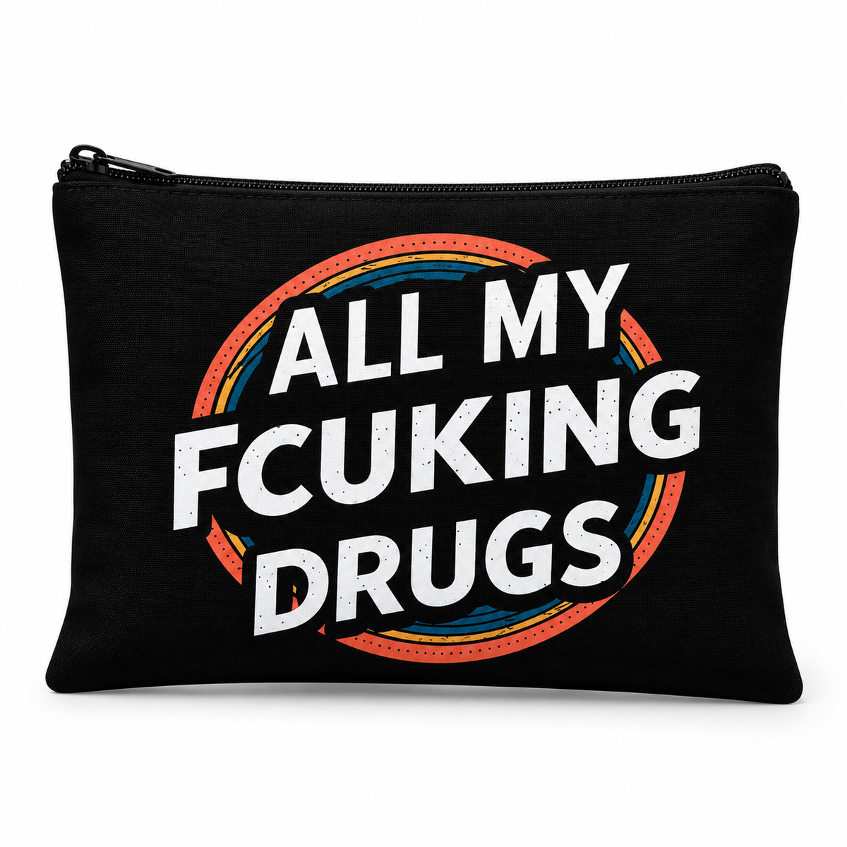 Schwarze Kosmetiktasche mit Reißverschluss und Aufdruck „ALL MY FCUKING DRUGS“ mit bunten Retro-Kreisen