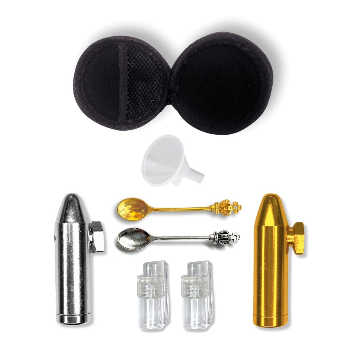 Rundes Hard Case Schnupftabak Schnupfset inkl. 2x Alu Dosierer, 2x Mini Löffel Krone, 2x Mini Portionierer mit aufklappbarem Löffel, 1x Mini Trichter -  from DieBallerei