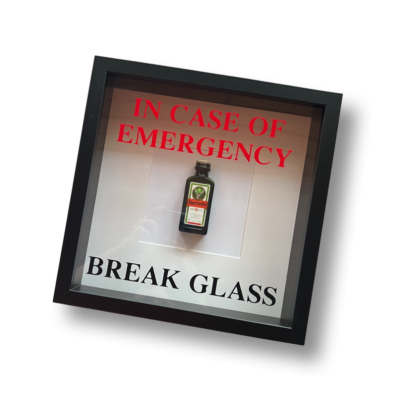 Mural/picture “In Emergency - Break Glass - Jägermeister fun with black picture frame