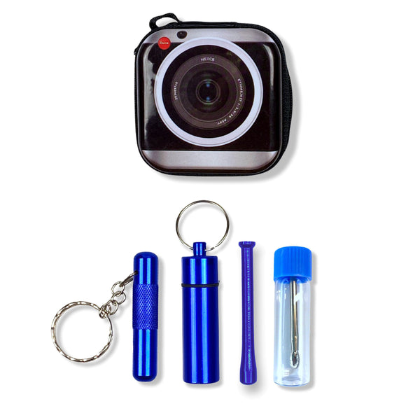 SET Retro Camera Sniff Snuff Sniffer Snuff Distributeur Distributeur (2 tubes, pilulier, distributeur avec cuillère télescopique) dans un étui rigide en aluminium