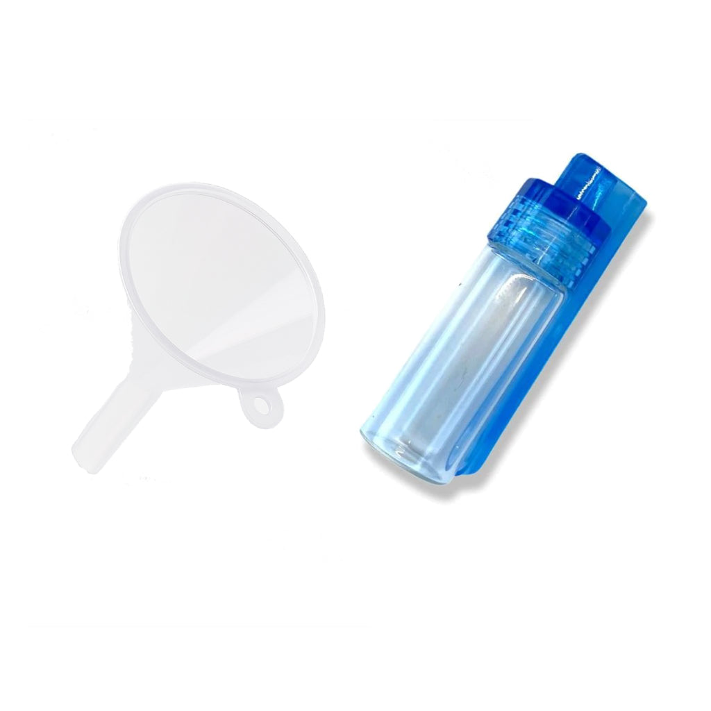 1 Grand distributeur en verre avec cuillère pliable et mini-entonnoir – Transparent ou Marron avec couvercle bleu