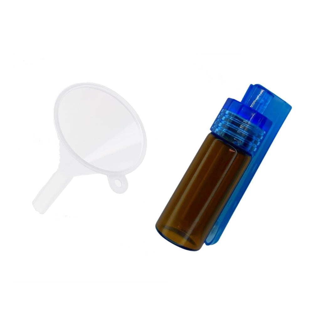 1 Grand distributeur en verre avec cuillère pliable et mini-entonnoir – Transparent ou Marron avec couvercle bleu