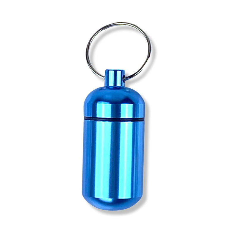 Pill box key ring with screw cap with plenty of storage space in many colors to choose from