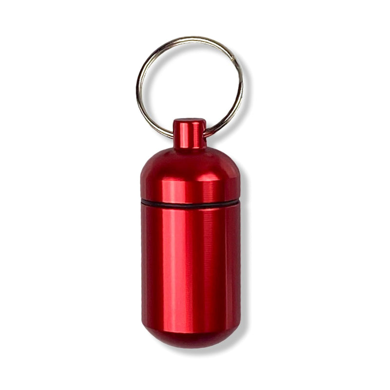 Pill box key ring with screw cap with plenty of storage space in many colors to choose from