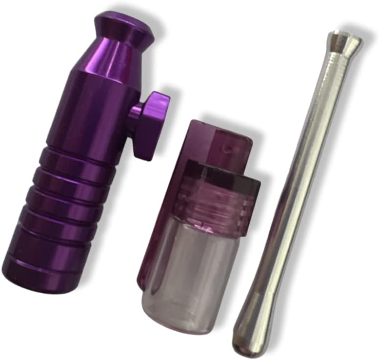 SET Purple Sniff Snuff Sniffer Snuff Dispenser Distributeur (tube, distributeur avec cuillère, distributeur) dans un étui souple noir - violet / rose