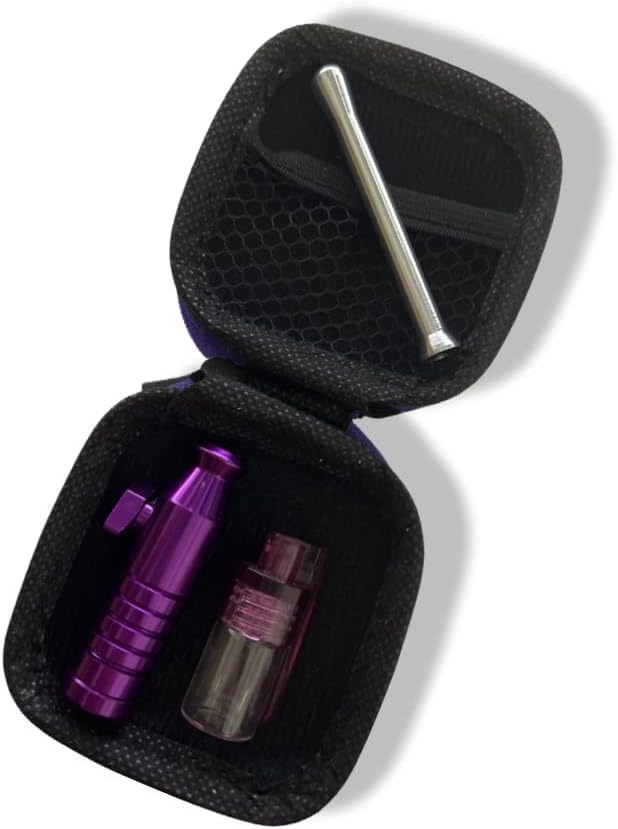 SET Lila Sniff Snuff Sniffer Schnupf Spender Dispenser (Röhrchen, Spender mit Löffel, Dosierer) in Soft Case Schwarz - Lila / Pink