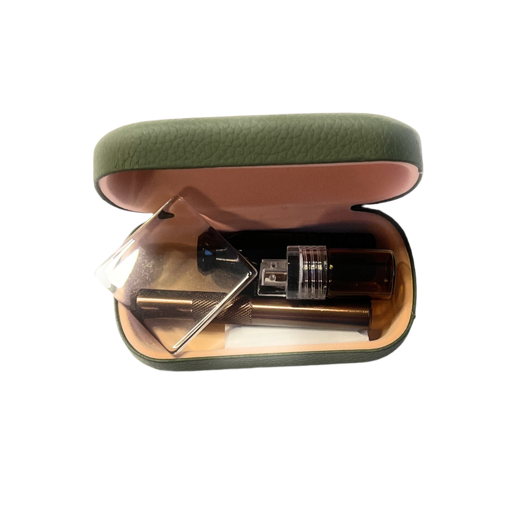 SET distributeur de tabac à priser Sniff Snuff Sniffer vert olive (tube, mini plaque en verre, distributeur avec cuillère, distributeur, lame) dans un étui rigide