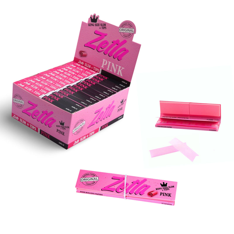 Papiers Zetla Rose + Filtres King Size Slim - Papier de haute qualité, combustion lente en rose