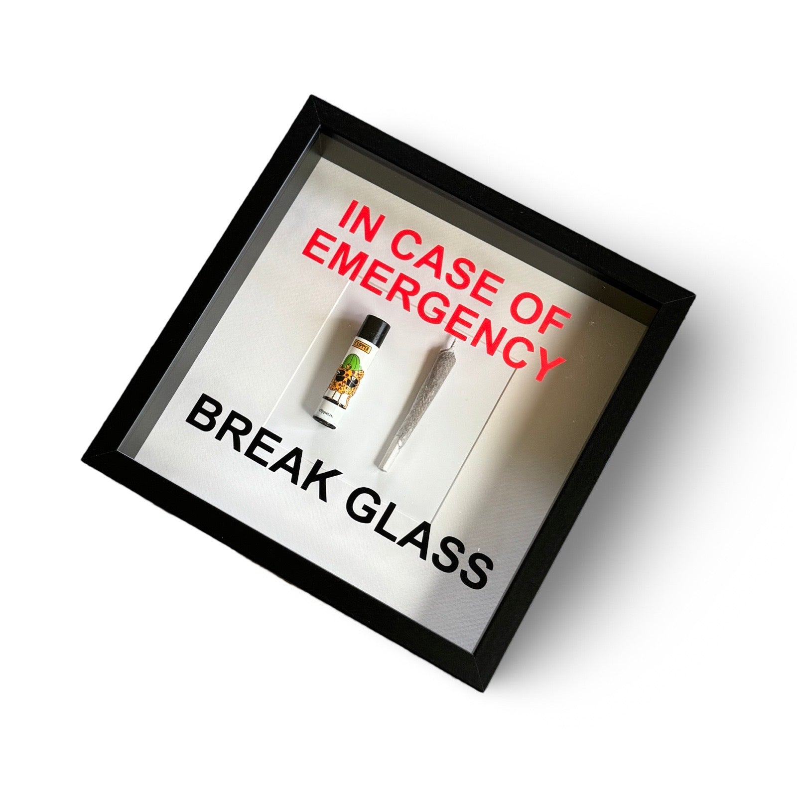 Wandschmuck "In Case of Emergency – Break Glass - Joint" Schwarzer Rahmen