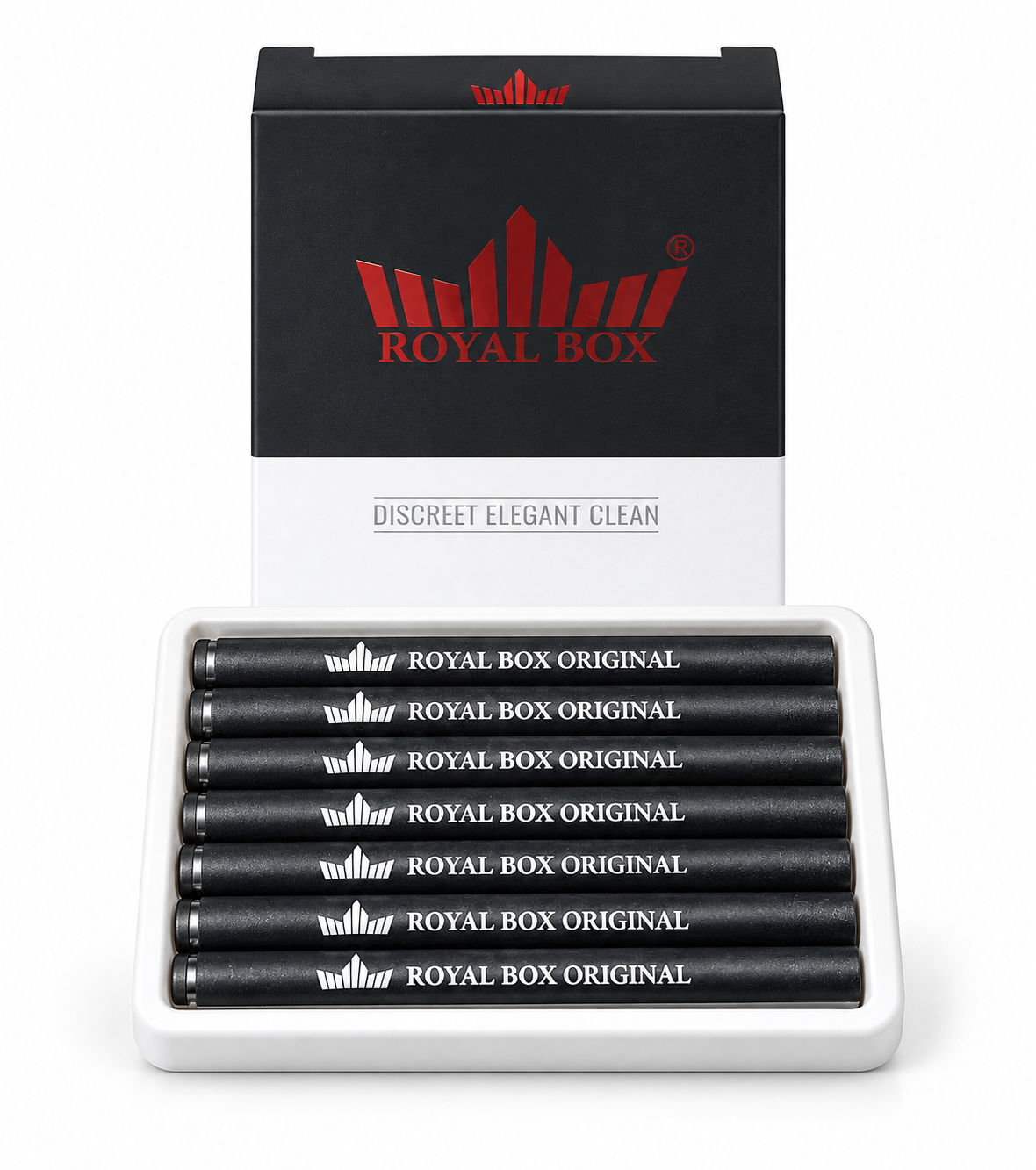 Geöffnete Royal-Box-Verpackung mit dunklen Röhrchen in einem weißen Einsatz.