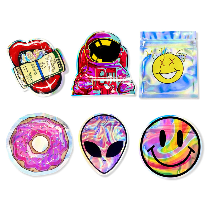 Ensemble de sacs Holo Smiley/Alien/Donut/Nice Guy (divers ensembles) Stockage Transport ZIP Lock Bag Sacs Fermeture éclair refermable