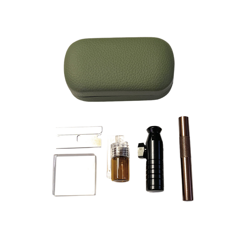 SET olive green Sniff Snuff Sniffer snuff dispenser dispenser (tube, mini glass plate, dispenser with spoon, dispenser, blade) in hard case