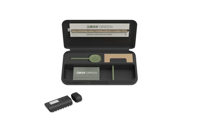 ToBOX GREEN Tabak Box Dose Rollbox Drehertasche Tout en Un Roulant & Broyeur