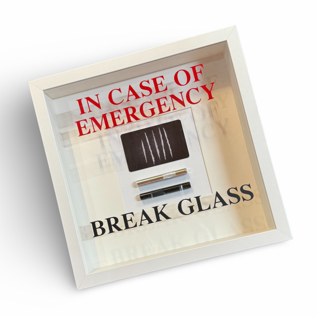 Wandbild/Bild „In Emergency Break Glass - Lines“ Wandschmuck Fun Spass Geschenk - Rahmen weiß