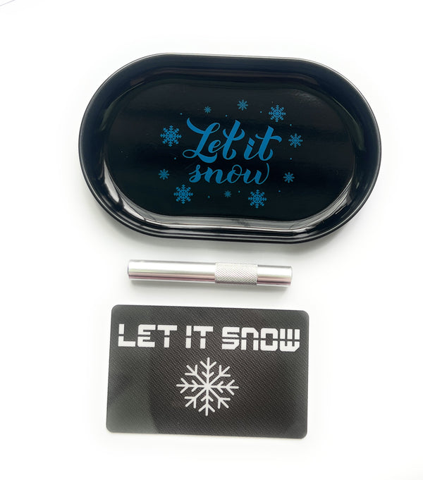 SET Let it snow blau 1x Metall (Blech) Brettchen inkl. Ziehröhrchen und Let it snow Karte/Hackkarte