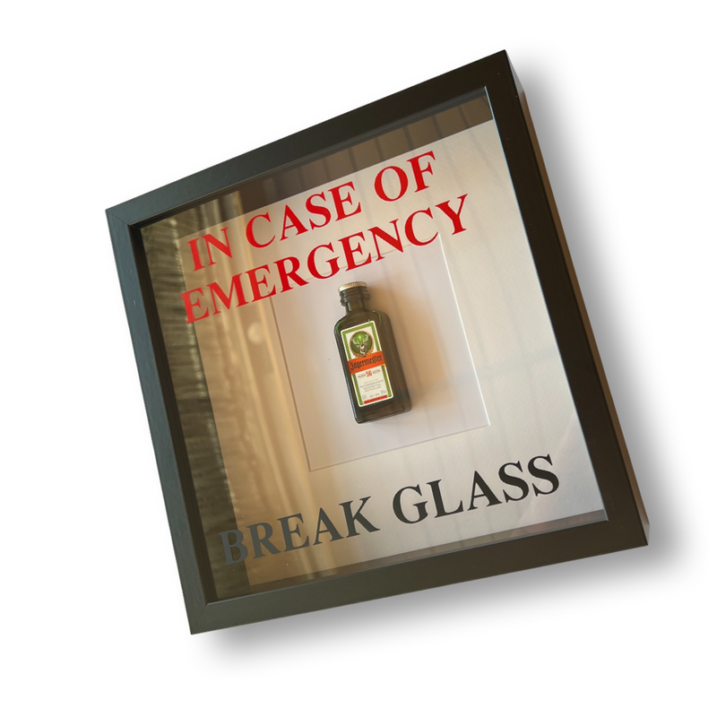 Mural/picture “In Emergency - Break Glass - Jägermeister fun with black picture frame