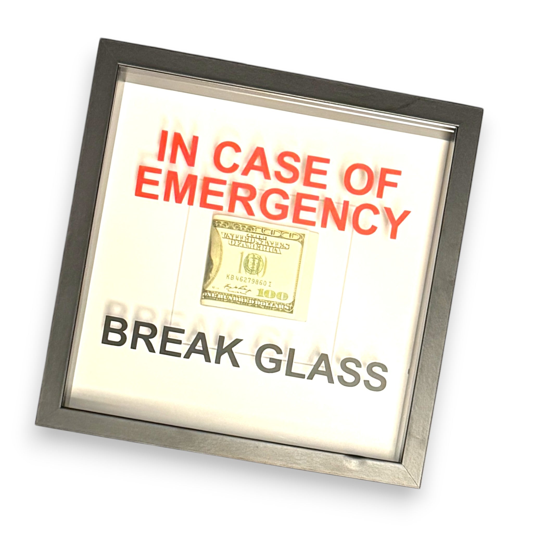 In Emergency Break Glass – Wandbild mit DOLLAR-Scheinen und schwarzem Rahmen