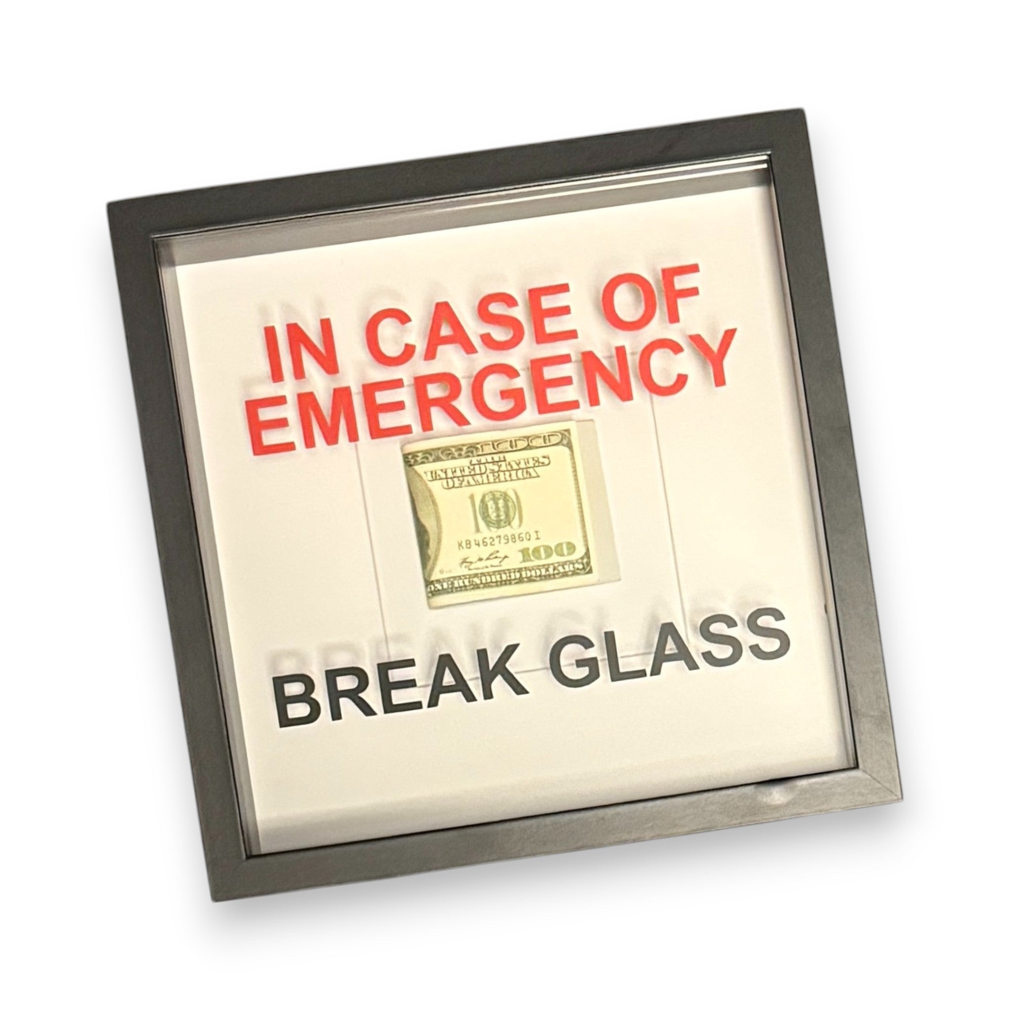 In Emergency Break Glass – Wandbild mit DOLLAR-Scheinen und schwarzem Rahmen