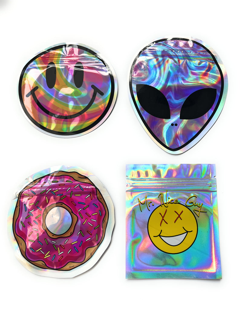 Tütchen Set Holo Smiley/Alien/Donut/Nice Guy (verschiedene Sets) Aufbewahrung Transport ZIP Lock Beutel Tüten Zipper wiederverschließbar