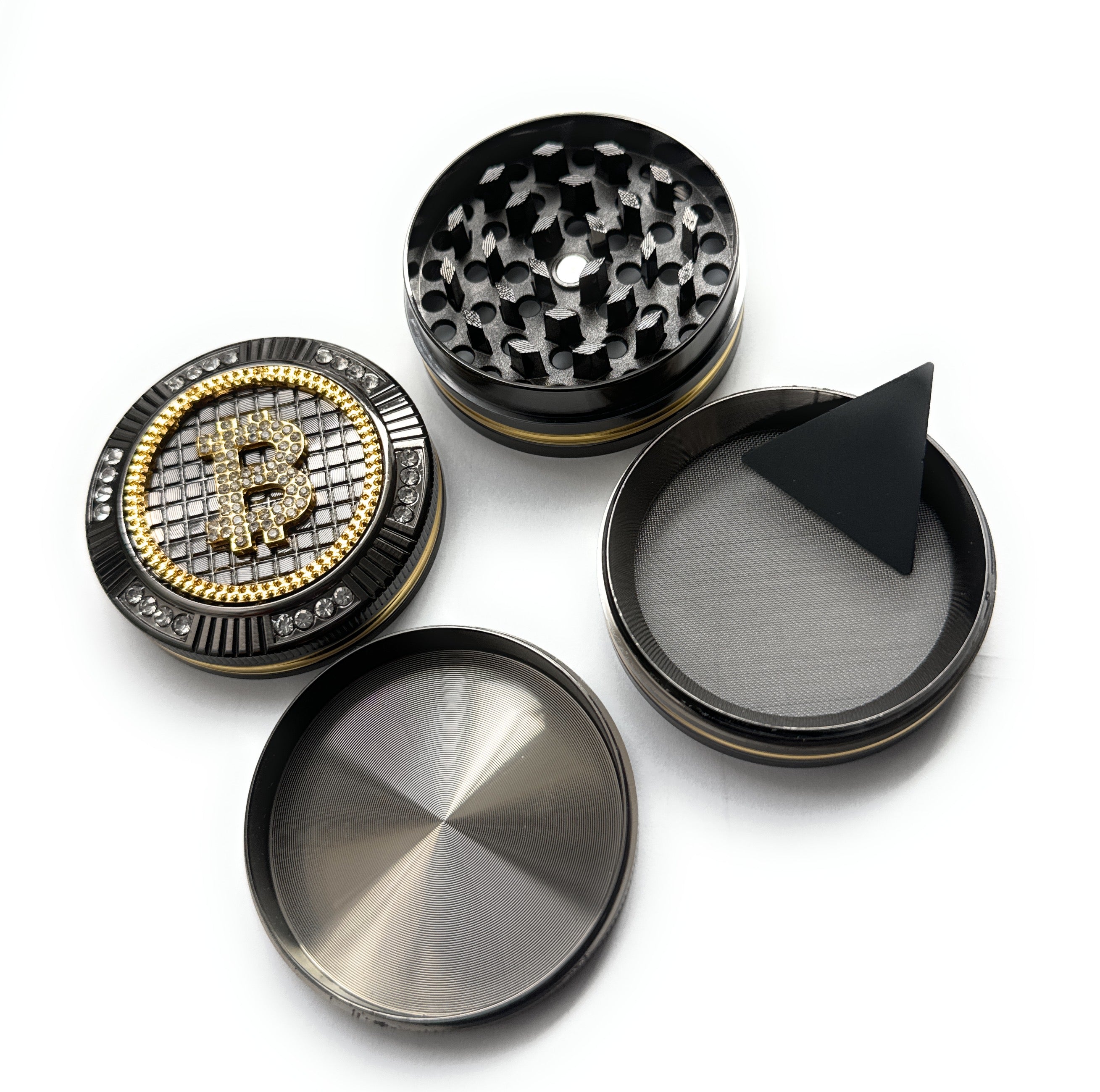 Bling Bling Bitcoin Grinder 4 pièces (50 mm) Champ High Or et Strass