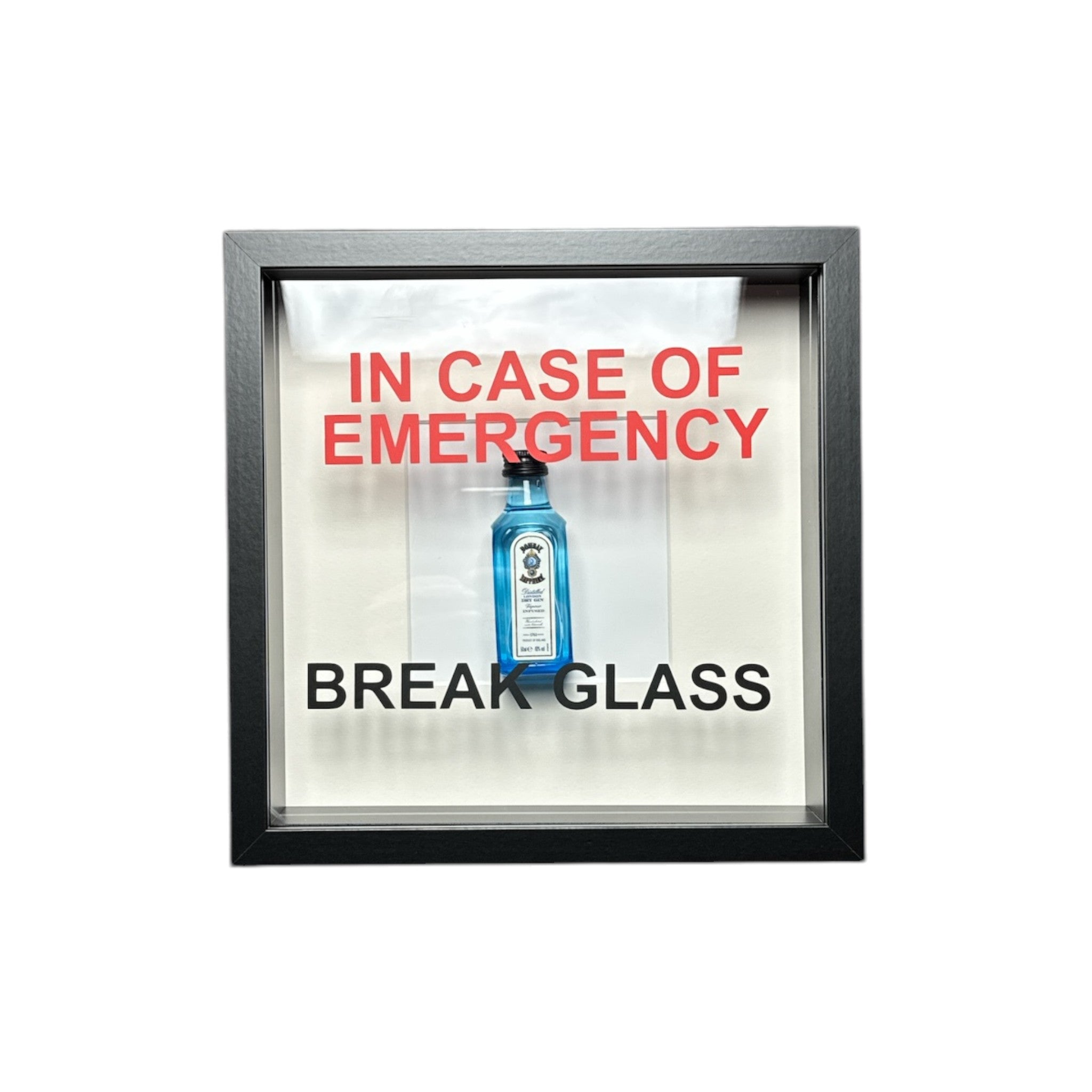 In Emergency Break Glass – tableau mural avec cadre GIN Bombay Sapphire blanc