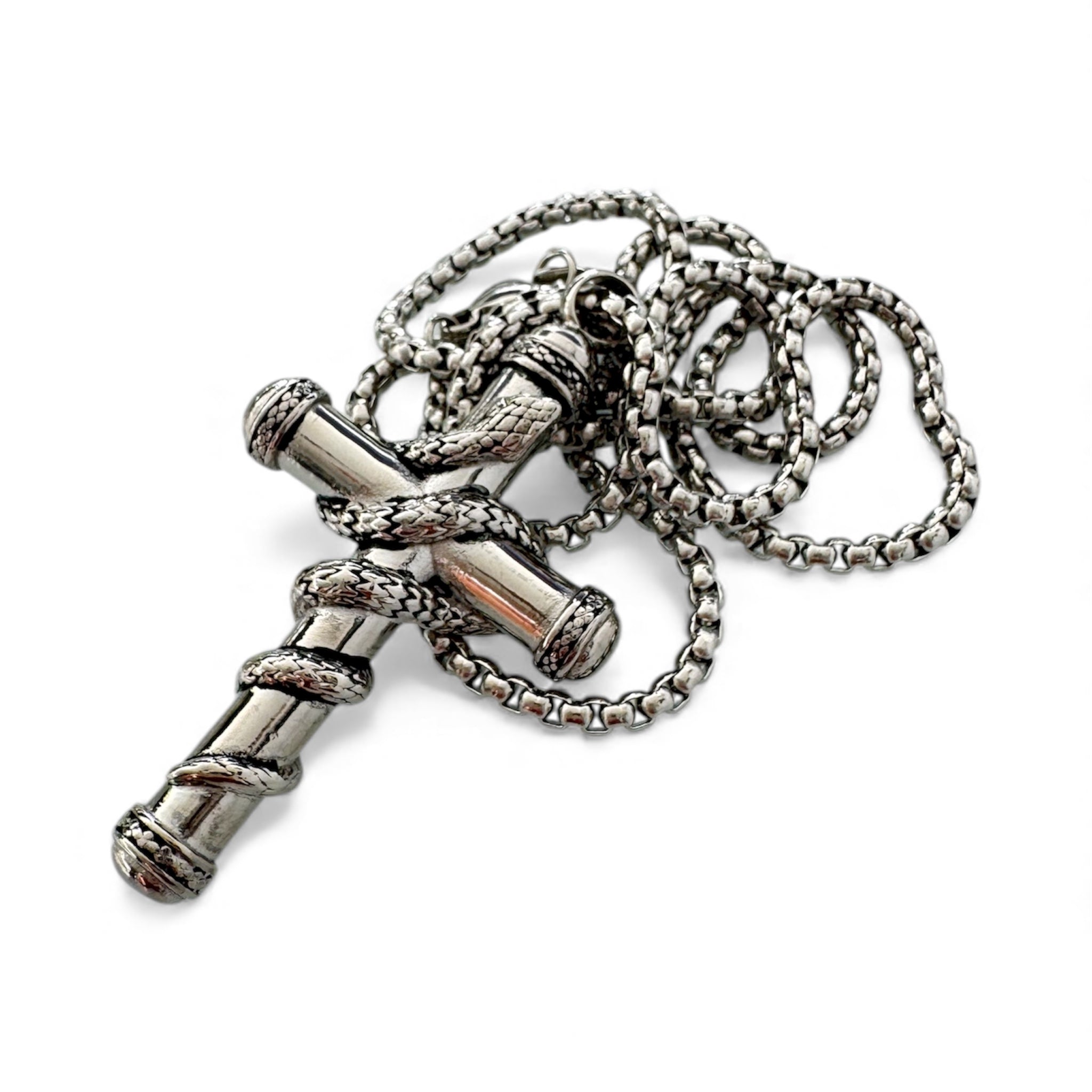 Massive Kreuz-Halskette mit Löffel – Snake Wrapped Design in Gold, Silber und Schwarz