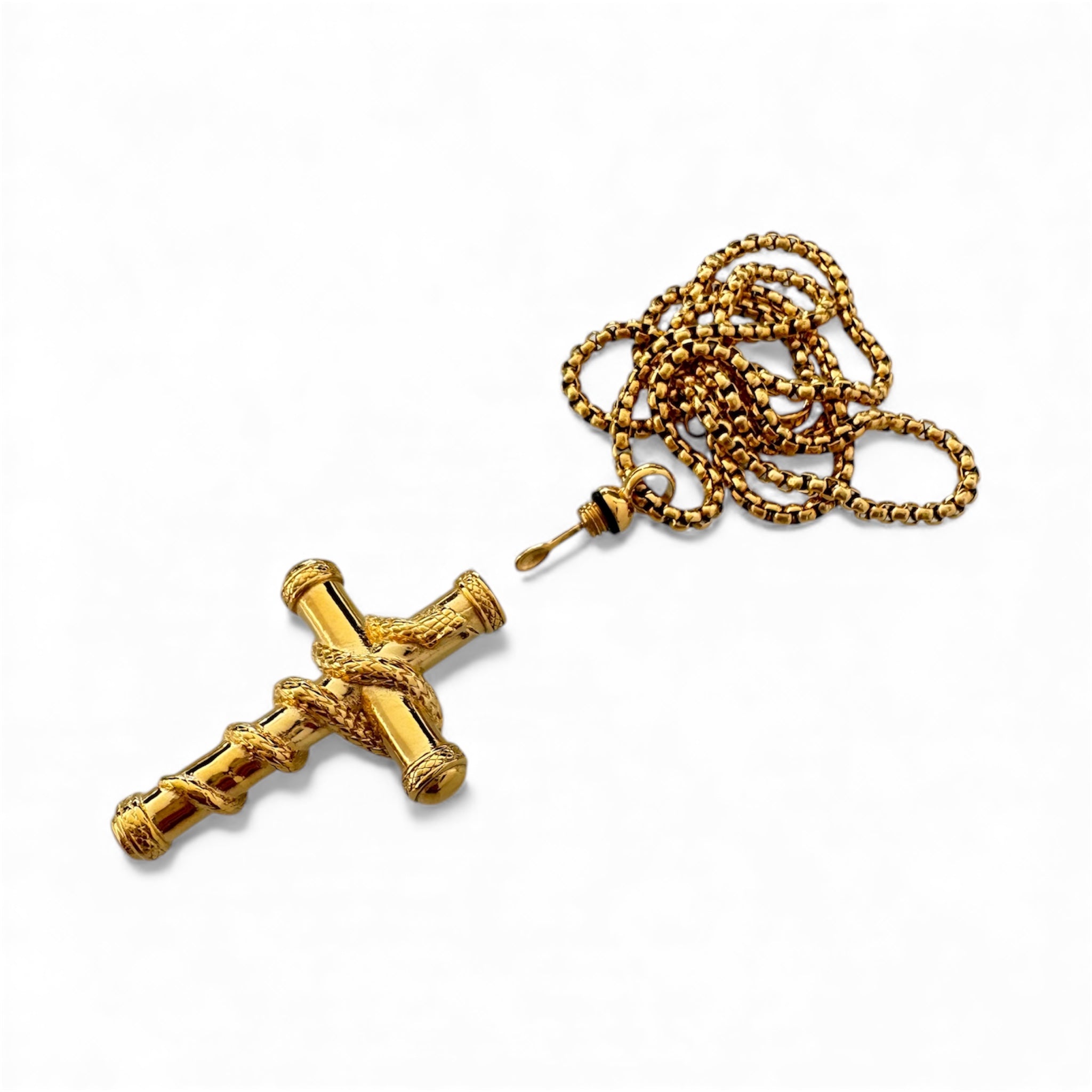 Massive Kreuz-Halskette mit Löffel – Snake Wrapped Design in Gold, Silber und Schwarz