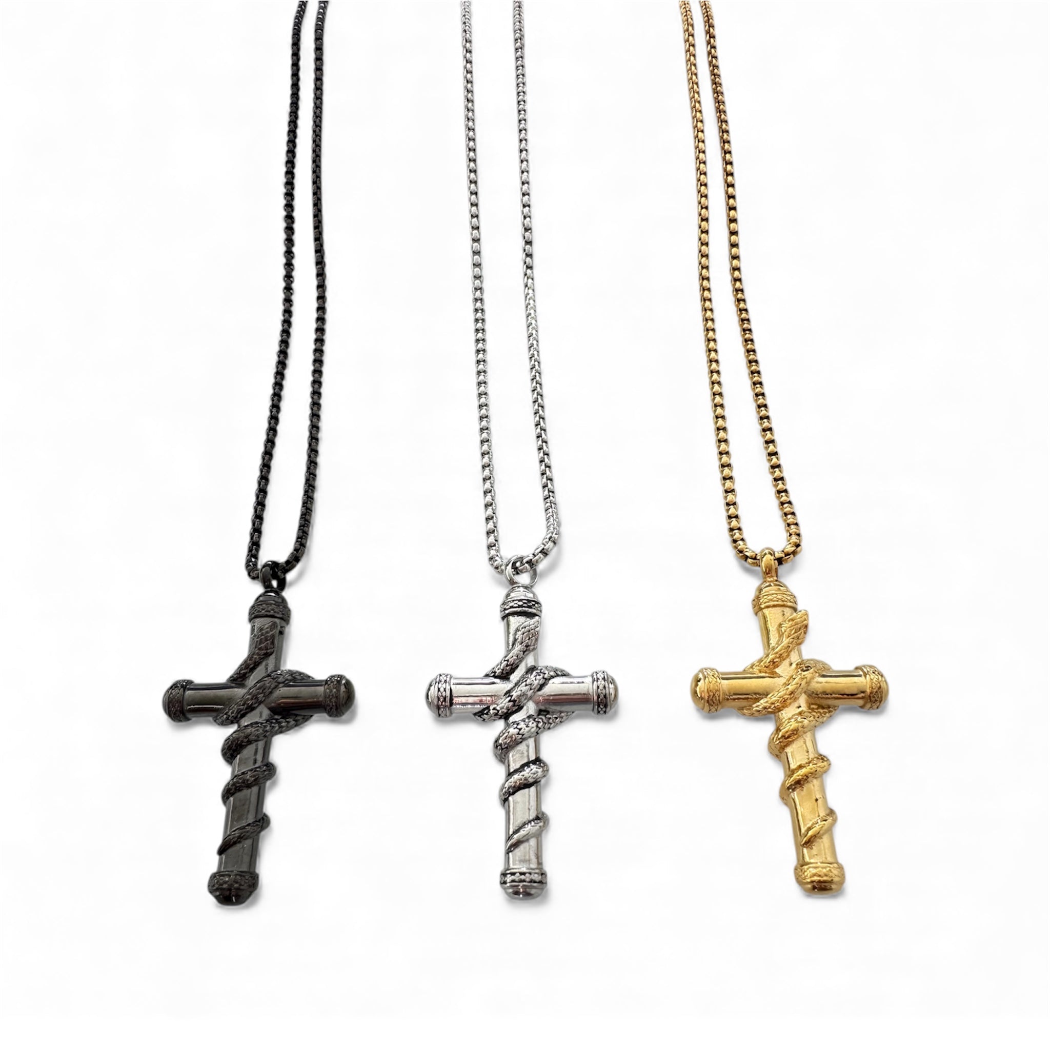 Massive Kreuz-Halskette mit Löffel – Snake Wrapped Design in Gold, Silber und Schwarz