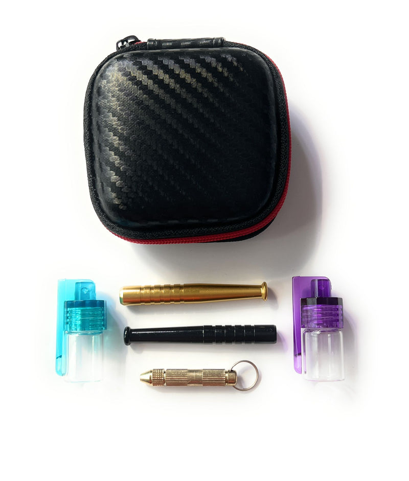 Elegant snuff set, small hard case snuff set deluxe in a black case with two tubes, two doses and a small spoon