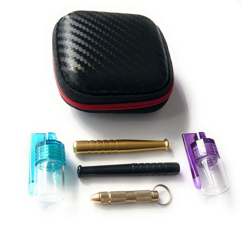 Elegant snuff set, small hard case snuff set deluxe in a black case with two tubes, two doses and a small spoon