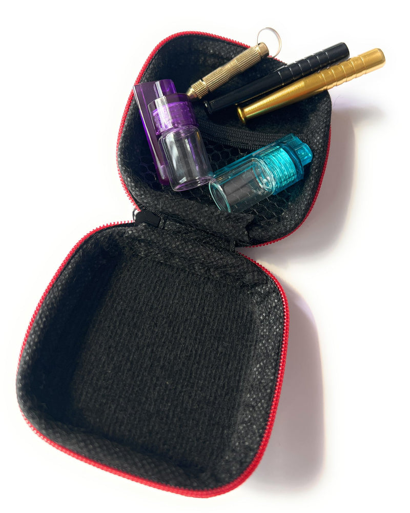 Elegant snuff set, small hard case snuff set deluxe in a black case with two tubes, two doses and a small spoon