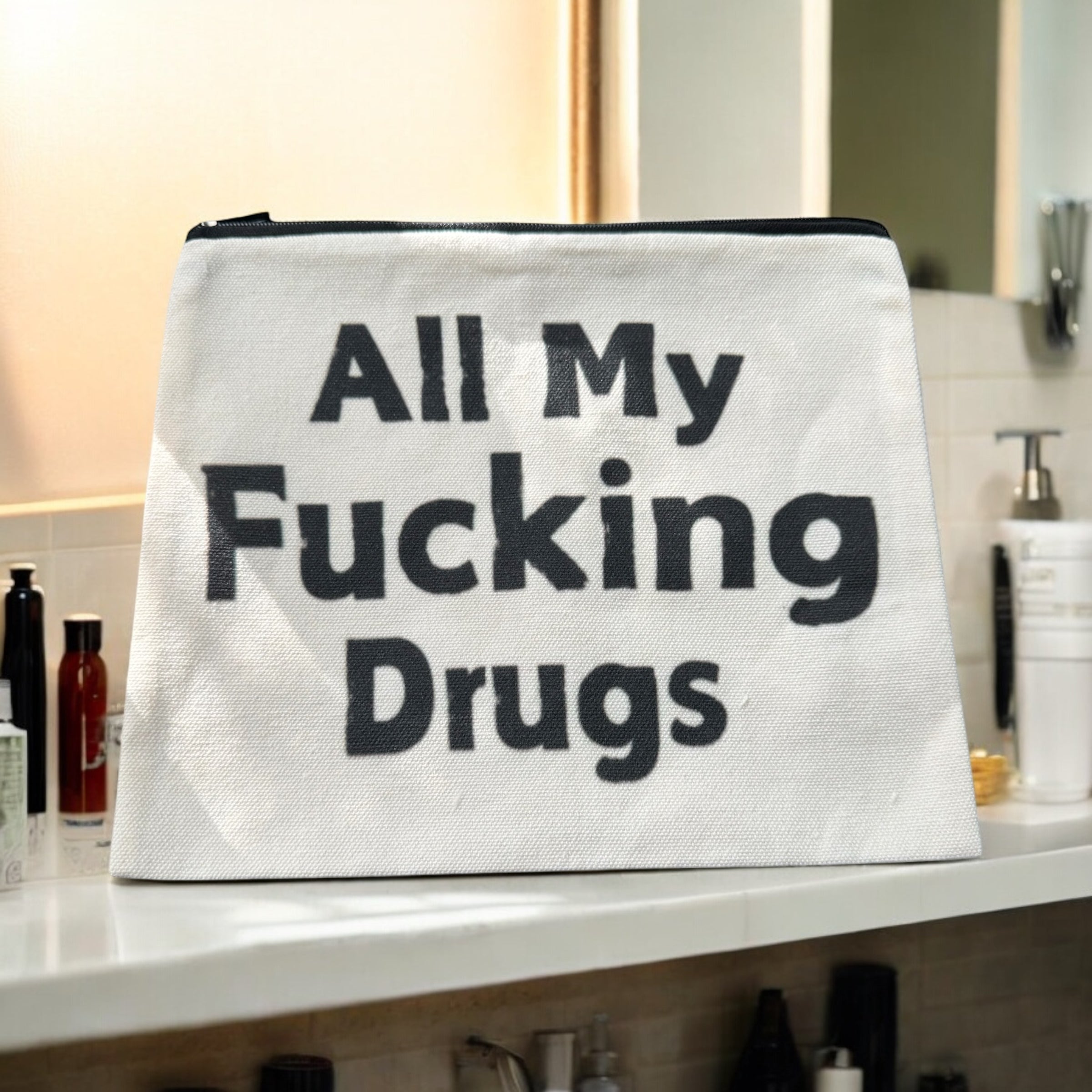 Canvas-Aufbewahrungsbeutel mit Reißverschluss – „All my Fucking Drugs“-Design beige