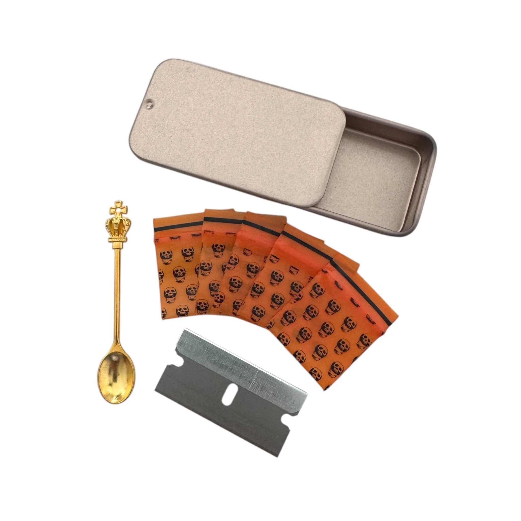Pillendose/Box – 7 Farben zur Wahl – Inklusive Mini Zip Beutel, Klinge & Löffel mit Kronen Verzierung -  from DieBallerei