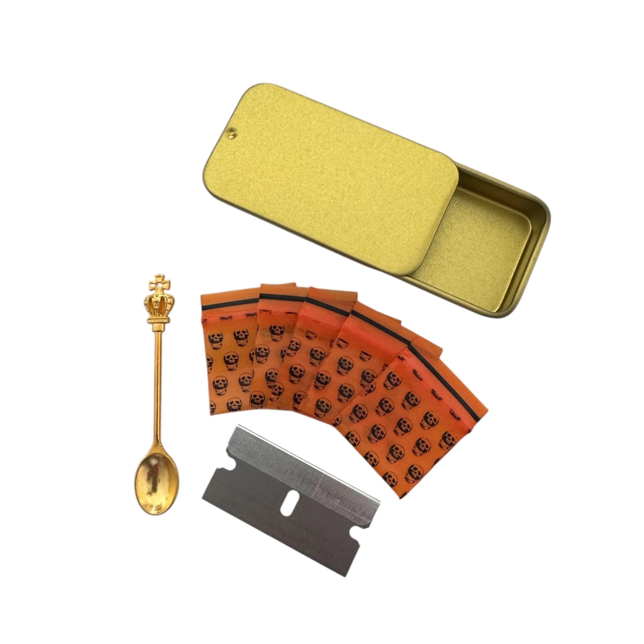 Pillendose/Box – 7 Farben zur Wahl – Inklusive Mini Zip Beutel, Klinge & Löffel mit Kronen Verzierung -  from DieBallerei