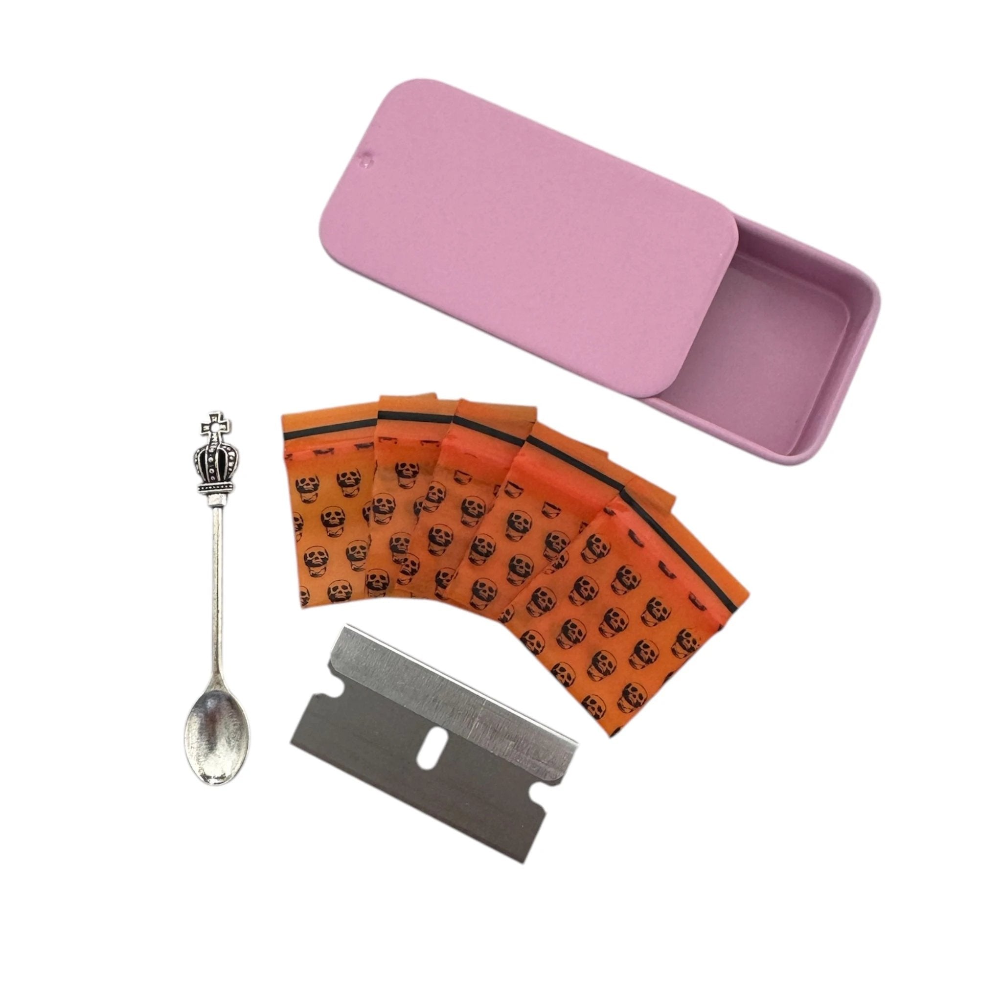 Pillendose/Box – 7 Farben zur Wahl – Inklusive Mini Zip Beutel, Klinge & Löffel mit Kronen Verzierung -  from DieBallerei